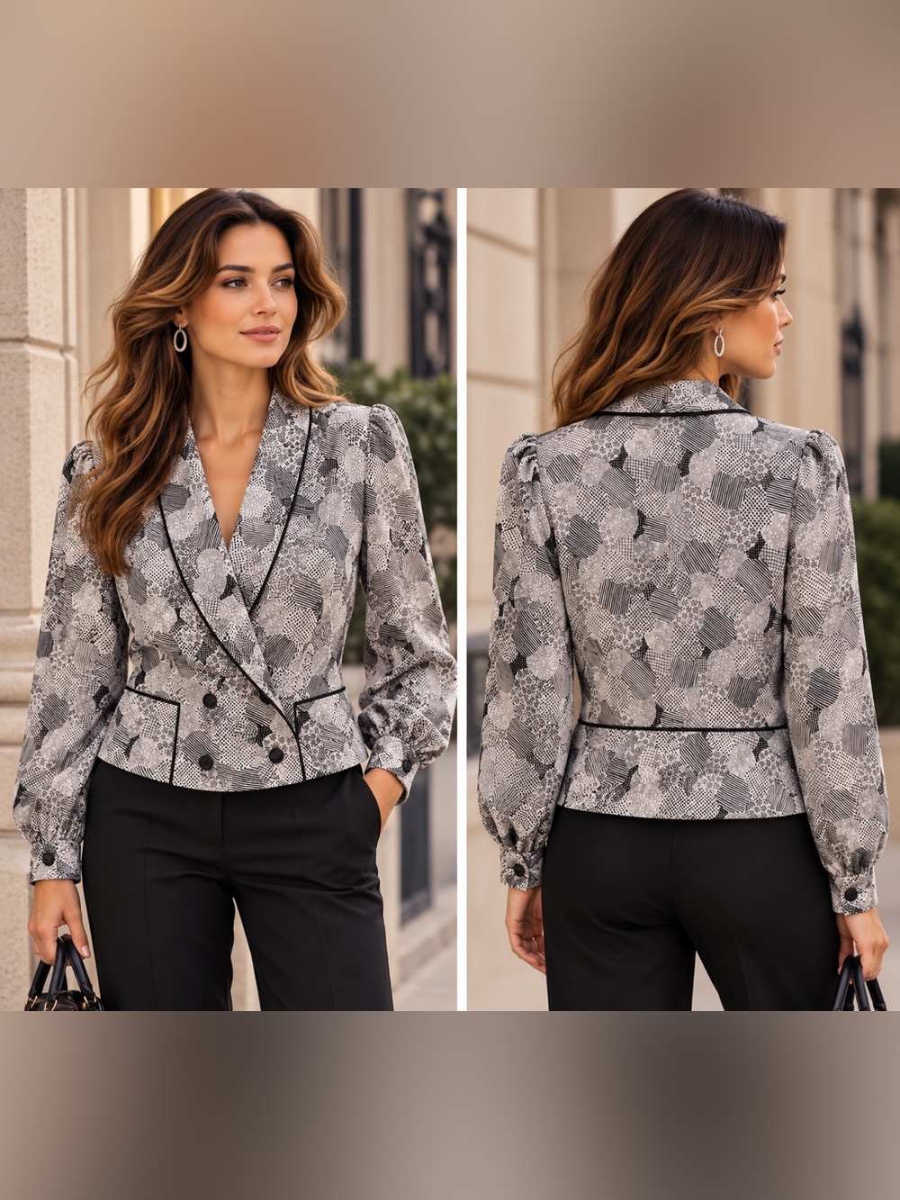 Women's Gray Patterned Double-Breasted Blouse Jacket with Black Trim